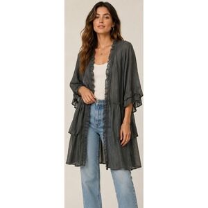 Easel Los Angeles Ruffle Tiered Kimono Duster Charcoal Grey Tencel ET3297 Small